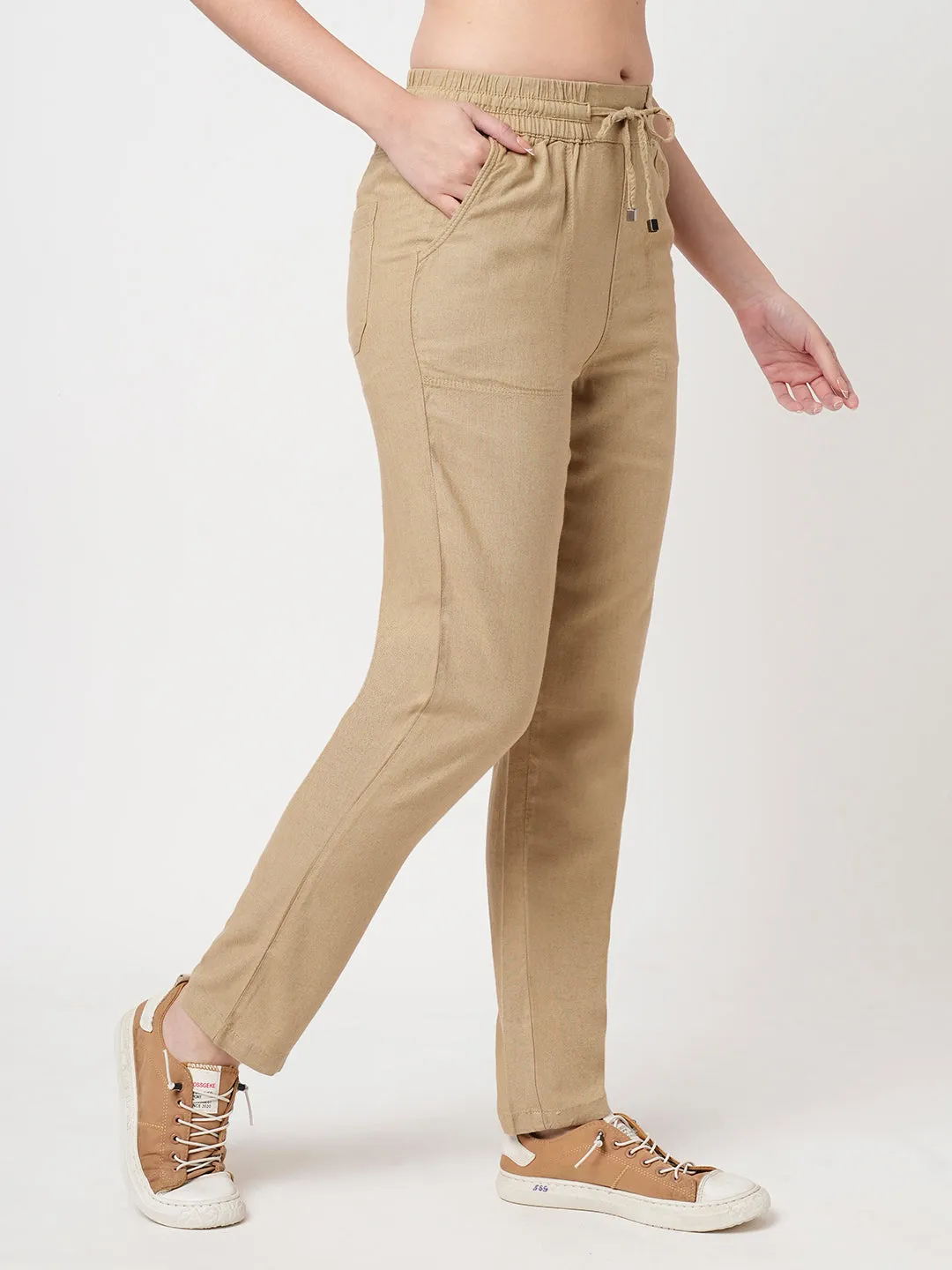 Women Light Brown High-Rise Paper Bag Pants