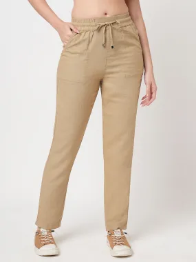 Women Light Brown High-Rise Paper Bag Pants