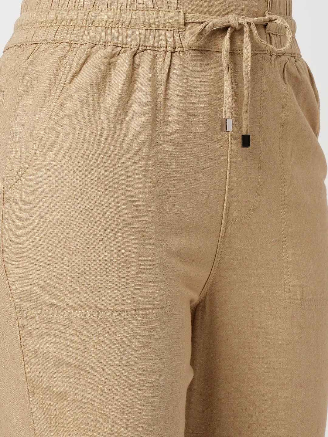 Women Light Brown High-Rise Paper Bag Pants