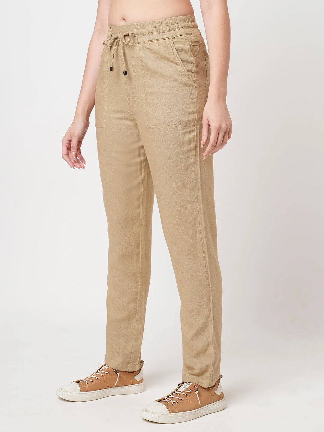 Women Light Brown High-Rise Paper Bag Pants