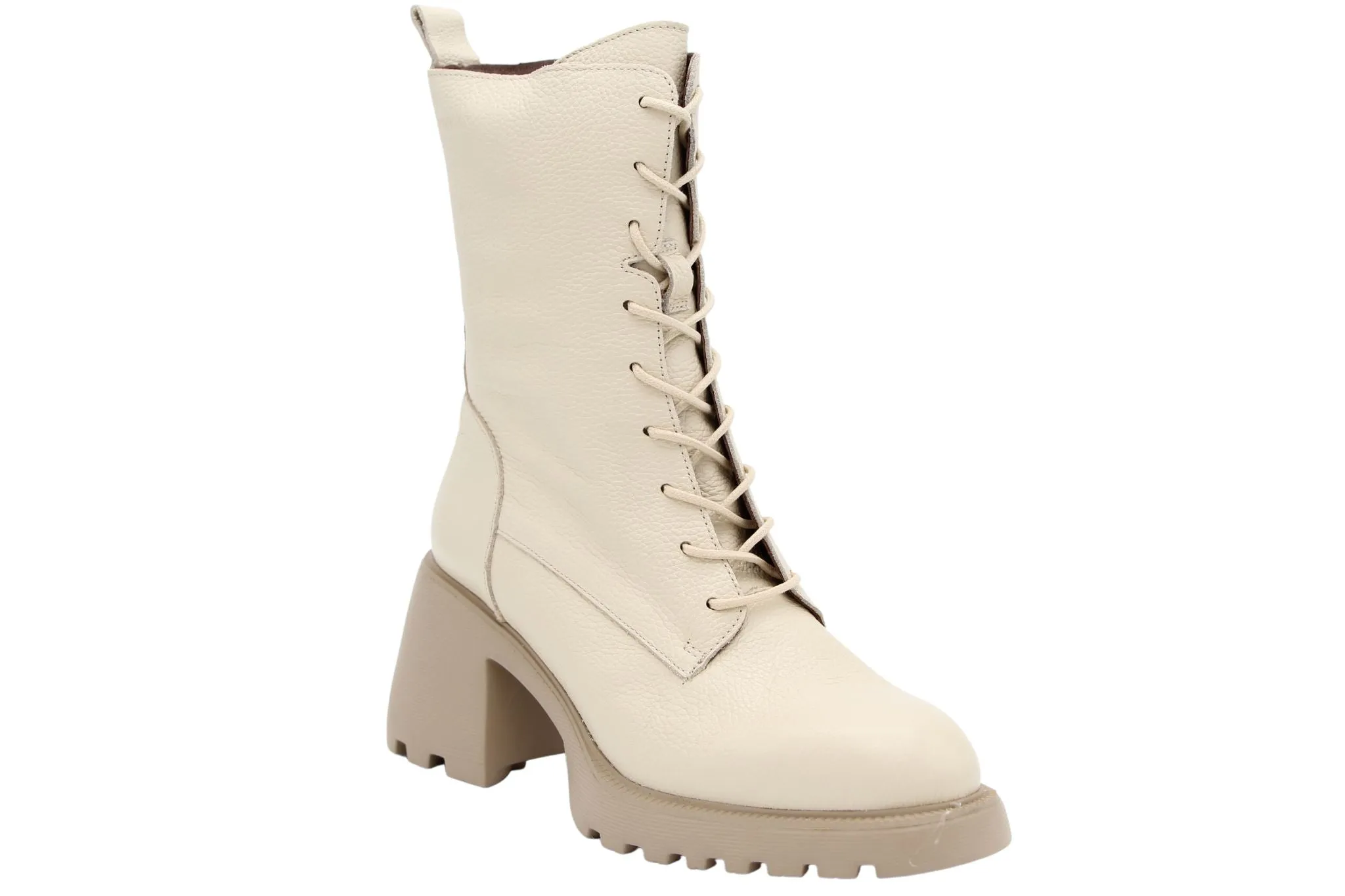 WONDERS Cream Lace Up Ankle Boot  with Block Heel G 6704