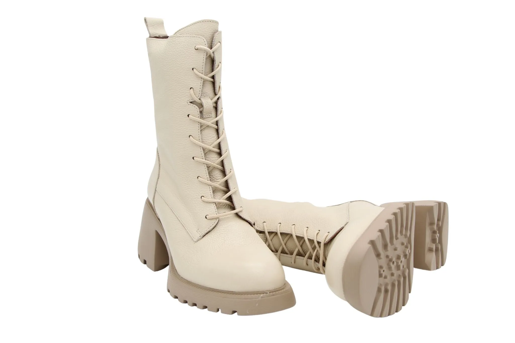 WONDERS Cream Lace Up Ankle Boot  with Block Heel G 6704